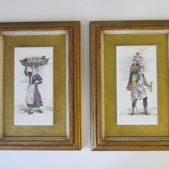 B Altman Medieval Porcelain Tiles Cries of London Framed Plaques In Pair - Picture 12 of 15